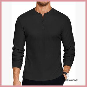 Men's Long Sleeve Henley T-Shirt Heavyweight Cotton Blend Pullover
